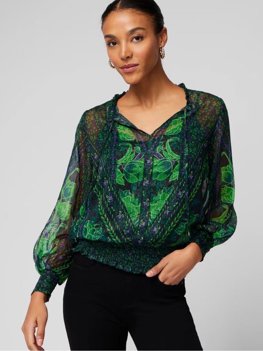 WHBM Long Sleeve Mixed Print Lurex Blouse - Art Nouveau Ao Green Jasper